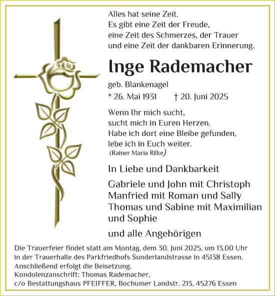 Traueranzeige von Inge Rademacher von Tageszeitung