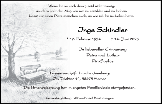 Traueranzeige von Inge Schindler von Tageszeitung