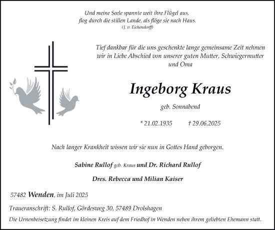 Traueranzeige von Ingeborg Kraus von Tageszeitung