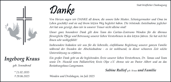 Traueranzeige von Ingeborg Kraus von Tageszeitung