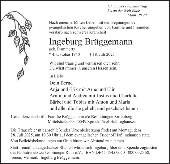 Traueranzeige von Ingeburg Brüggemann von Tageszeitung