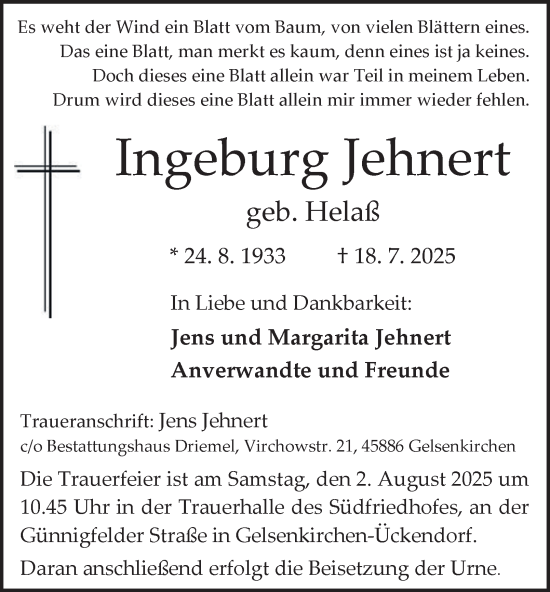 Traueranzeige von Ingeburg Jehnert von Tageszeitung