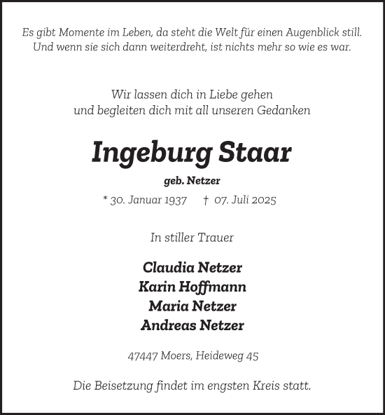 Traueranzeige von Ingeburg Staar von Tageszeitung