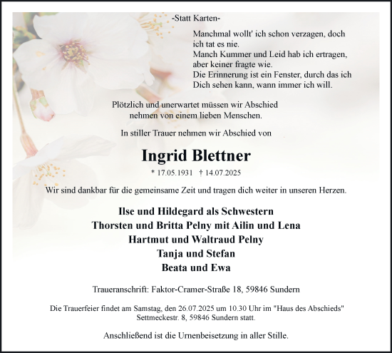 Traueranzeige von Ingrid Blettner von Tageszeitung