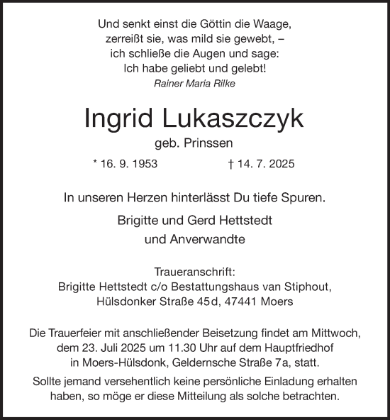 Traueranzeige von Ingrid Lukaszczyk von Tageszeitung