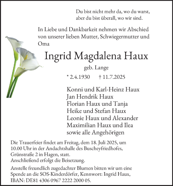 Traueranzeige von Ingrid Magdalena Haux von Tageszeitung
