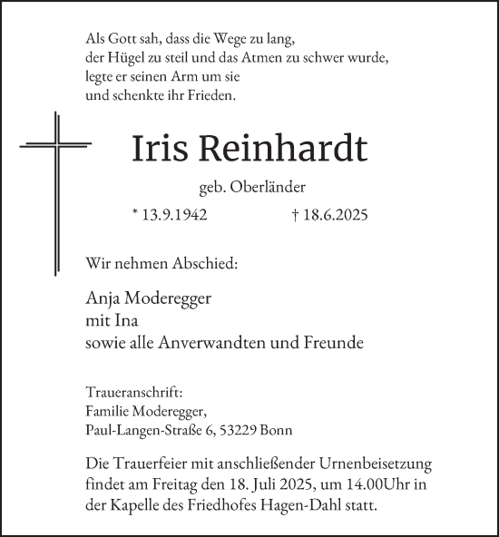 Traueranzeige von Iris Reinhardt von Tageszeitung