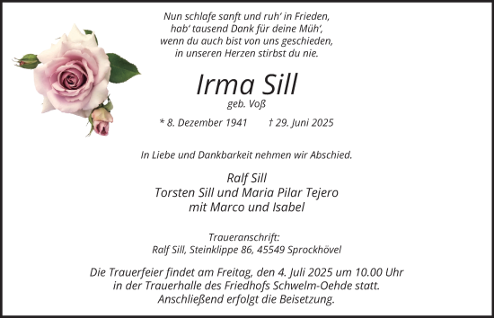 Traueranzeige von Irma Sill von Tageszeitung