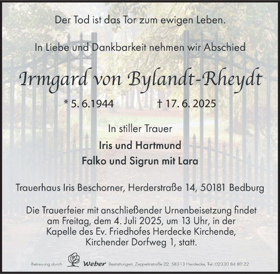 Traueranzeige von Irmgard von Bylandt-Rheydt von Tageszeitung