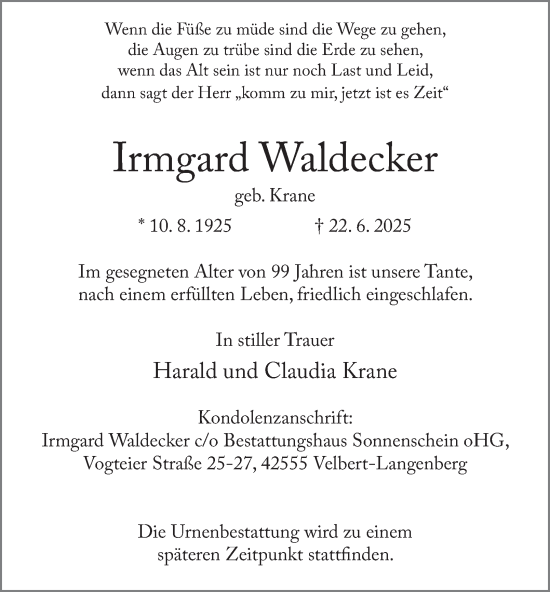 Traueranzeige von Irmgard Waldecker von Tageszeitung