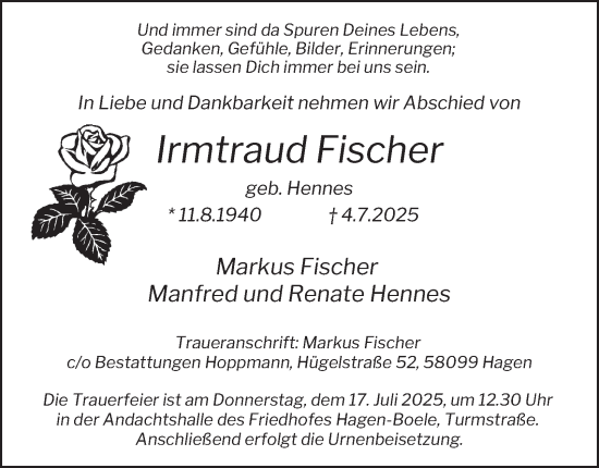 Traueranzeige von Irmtraud Fischer von Tageszeitung