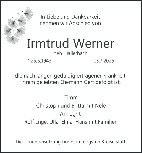 Traueranzeige von Irmtrud Werner von Tageszeitung