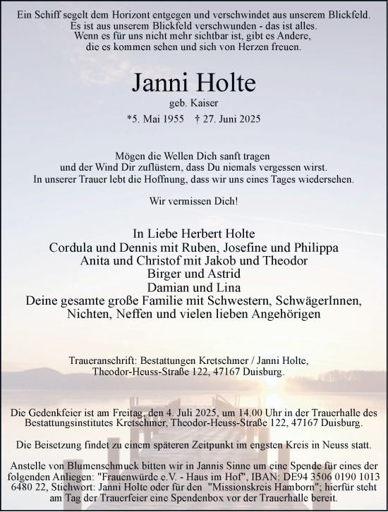 Traueranzeige von Janni Holte von Tageszeitung