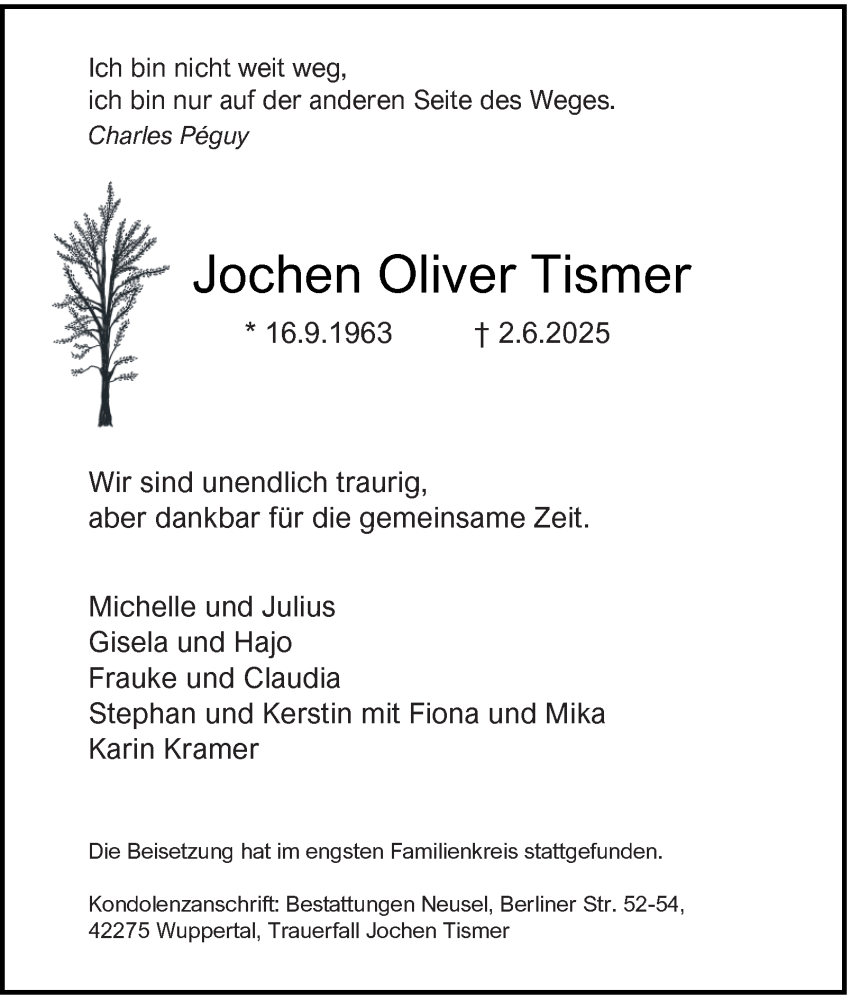  Traueranzeige für Jochen Oliver Tismer vom 28.06.2025 aus Tageszeitung