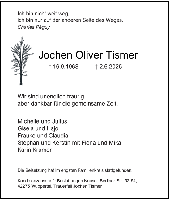 Traueranzeige von Jochen Oliver Tismer von Tageszeitung