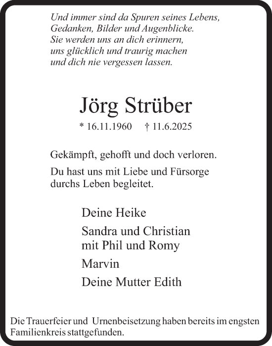 Traueranzeige von Jörg Strüber von Tageszeitung