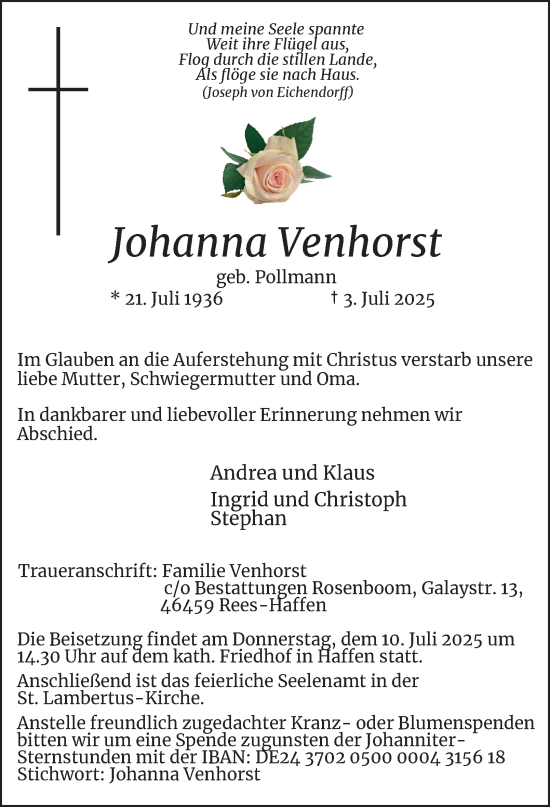 Traueranzeige von Johanna Venhorst von Tageszeitung