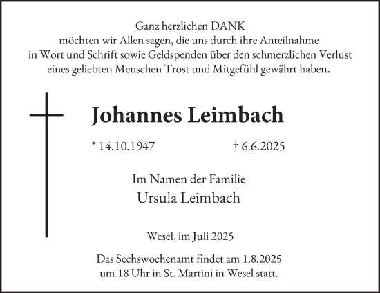 Traueranzeige von Johannes Leimbach von Tageszeitung