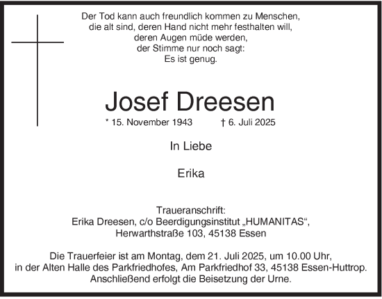 Traueranzeige von Josef Dreesen von Tageszeitung