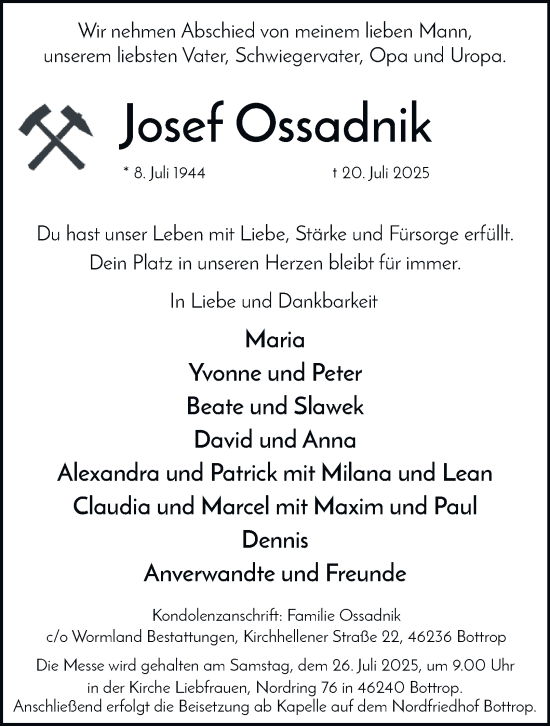 Traueranzeige von Josef Ossadnik von Tageszeitung