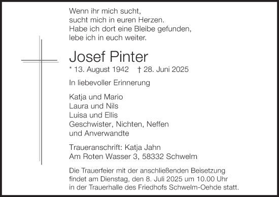 Traueranzeige von Josef Pinter von Tageszeitung