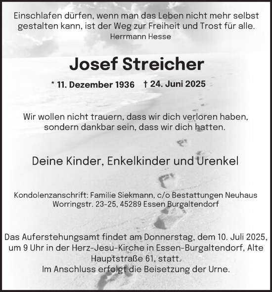 Traueranzeige von Josef Streicher von Tageszeitung