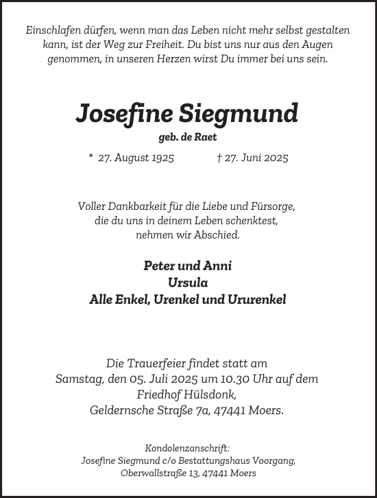 Traueranzeige von Josefine Siegmund von Tageszeitung