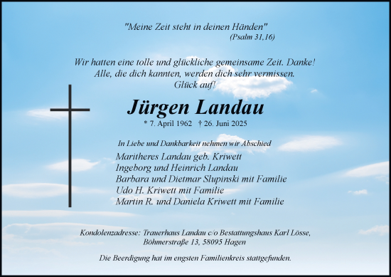 Traueranzeige von Jürgen Landau von Tageszeitung