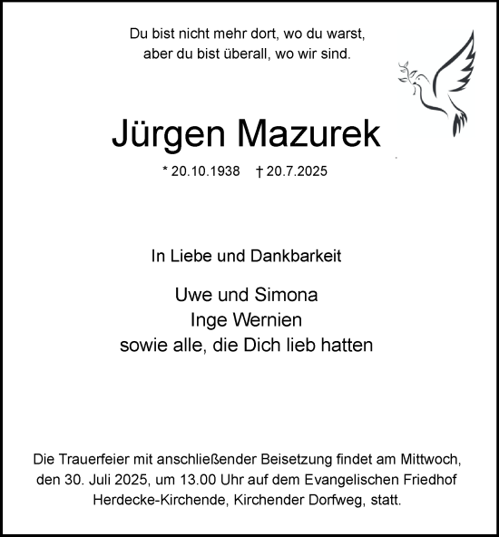 Traueranzeige von Jürgen Mazurek von Tageszeitung
