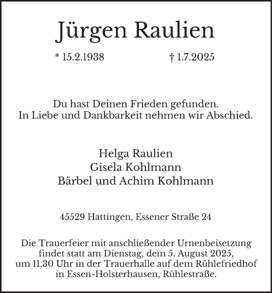 Traueranzeige von Jürgen Raulien von Tageszeitung