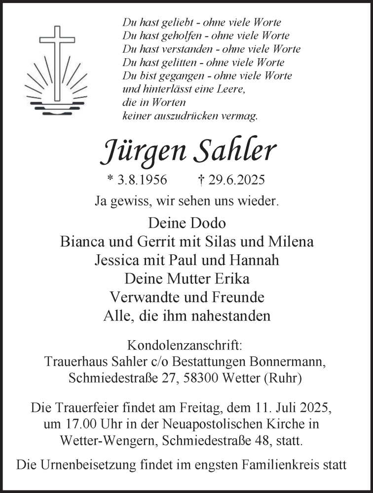  Traueranzeige für Jürgen Sahler vom 05.07.2025 aus Tageszeitung