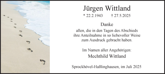 Traueranzeige von Jürgen Wittland von Tageszeitung