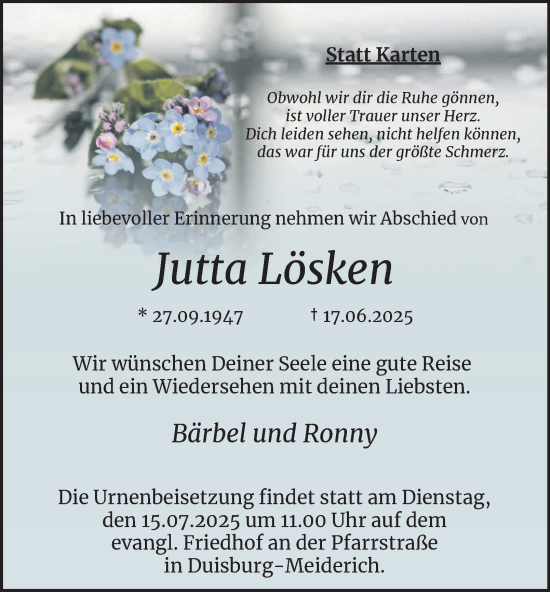 Traueranzeige von Jutta Lösken von Tageszeitung