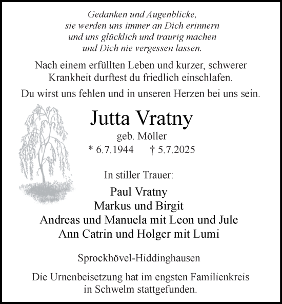 Traueranzeige von Jutta Vratny von Tageszeitung