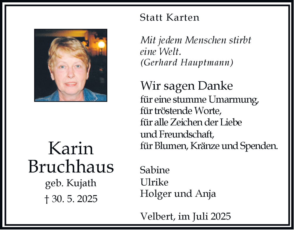  Traueranzeige für Karin Bruchhaus vom 12.07.2025 aus Tageszeitung