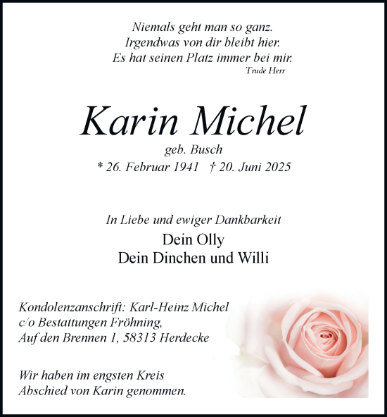 Traueranzeige von Karin Michel von Tageszeitung