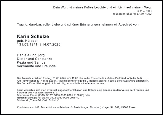 Traueranzeige von Karin Schulze von Tageszeitung