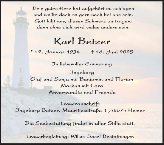 Traueranzeige von Karl Betzer von Tageszeitung
