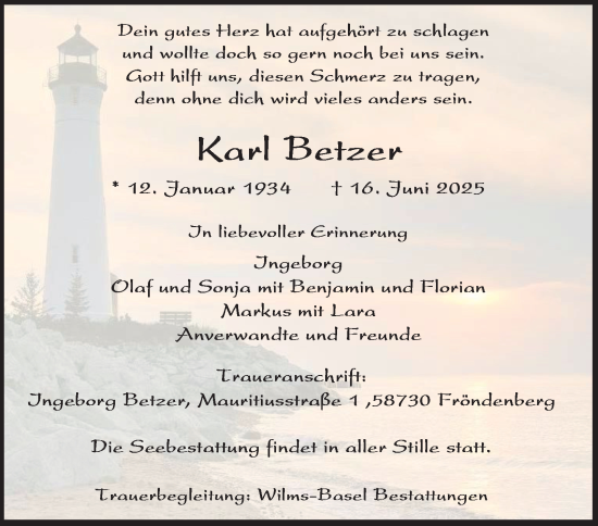 Traueranzeige von Karl Betzer von Tageszeitung