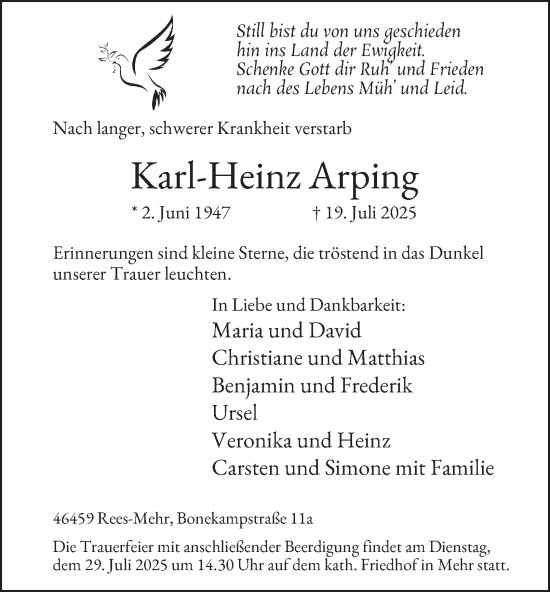 Traueranzeige von Karl-Heinz Arping von Tageszeitung