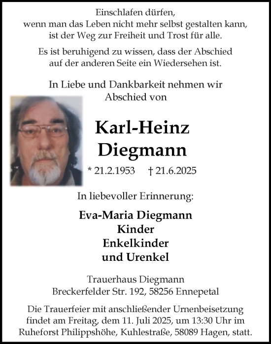 Traueranzeige von Karl-Heinz Diegmann von Tageszeitung