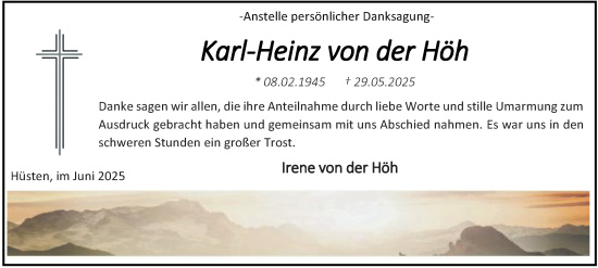 Traueranzeige von Karl-Heinz von der Höh von Tageszeitung
