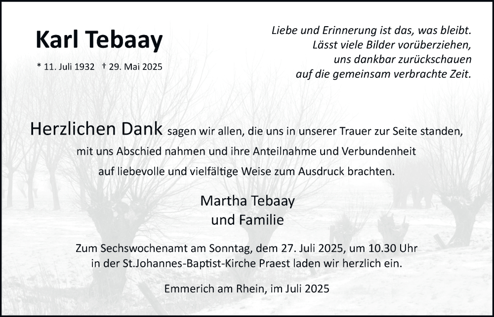  Traueranzeige für Karl Tebaay vom 19.07.2025 aus Tageszeitung