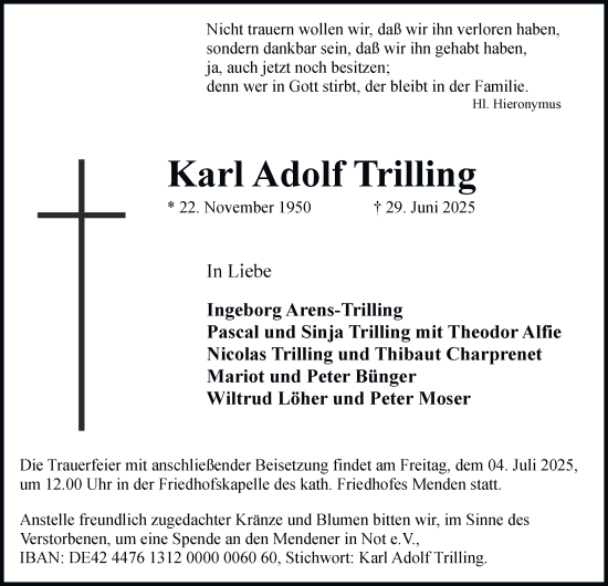 Traueranzeige von Karl Adolf Trilling von Tageszeitung