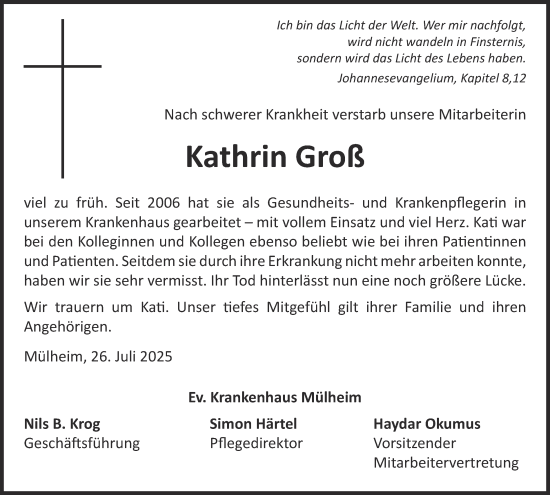 Traueranzeige von Kathrin Groß von Tageszeitung