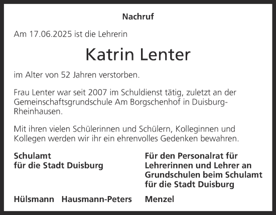 Traueranzeige von Katrin Lenter von Tageszeitung