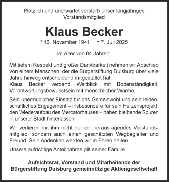 Traueranzeige von Klaus Becker von Tageszeitung