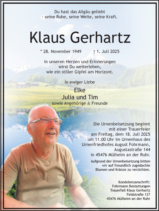 Traueranzeige von Klaus Gerhartz von Tageszeitung