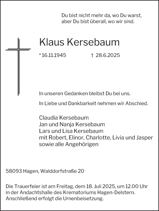 Traueranzeige von Klaus Kersebaum von Tageszeitung