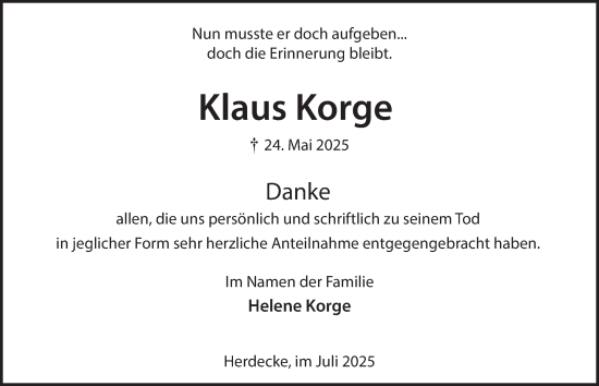 Traueranzeige von Klaus Korge von Tageszeitung